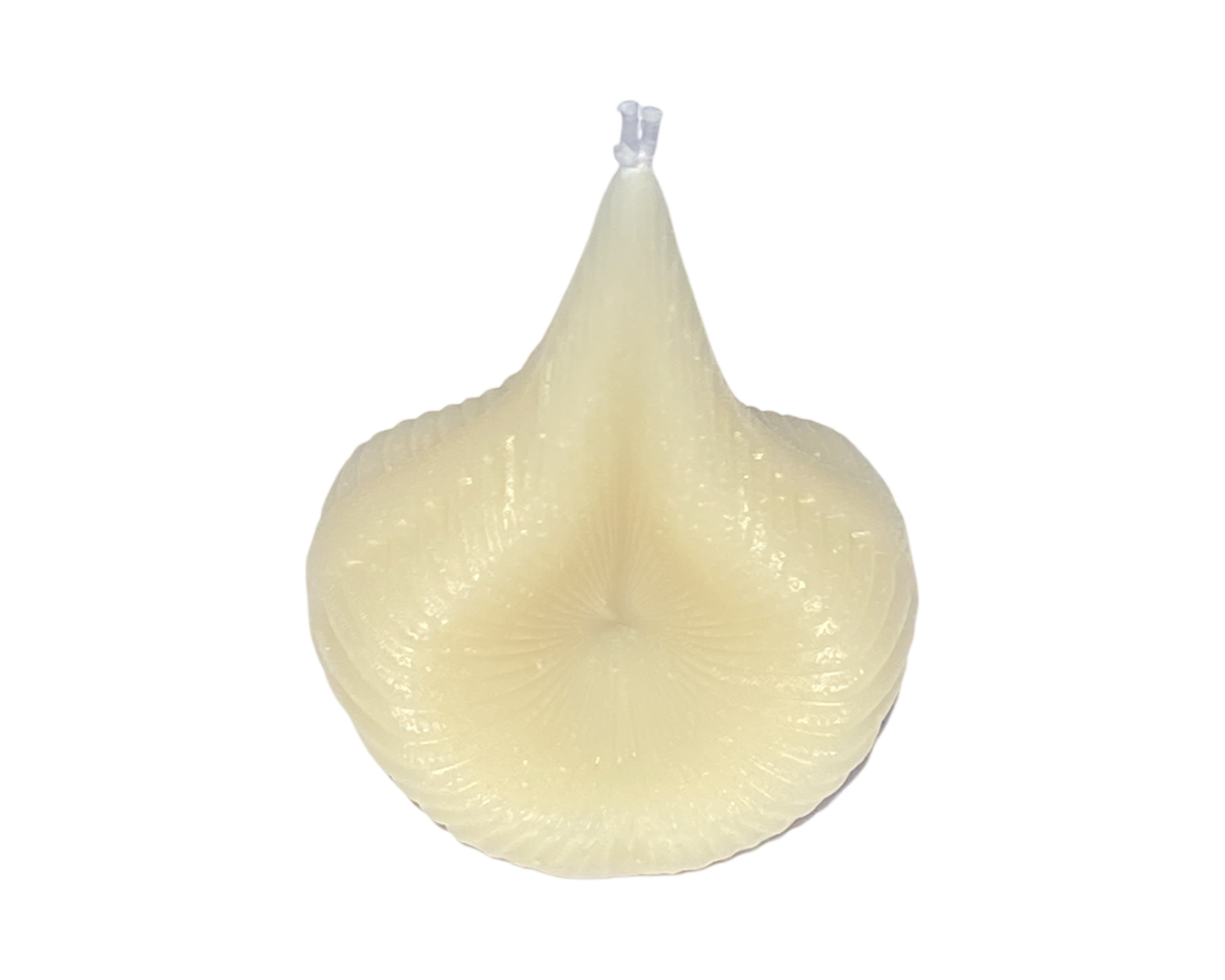 The Natural Golden Beeswax Destiny Decision Candle is teardrop and spiral shaped.  The  candle has flowing spiral lines and it has two wicks.  The Natural Golden Beeswax Destiny Decision Candle is on a white background.