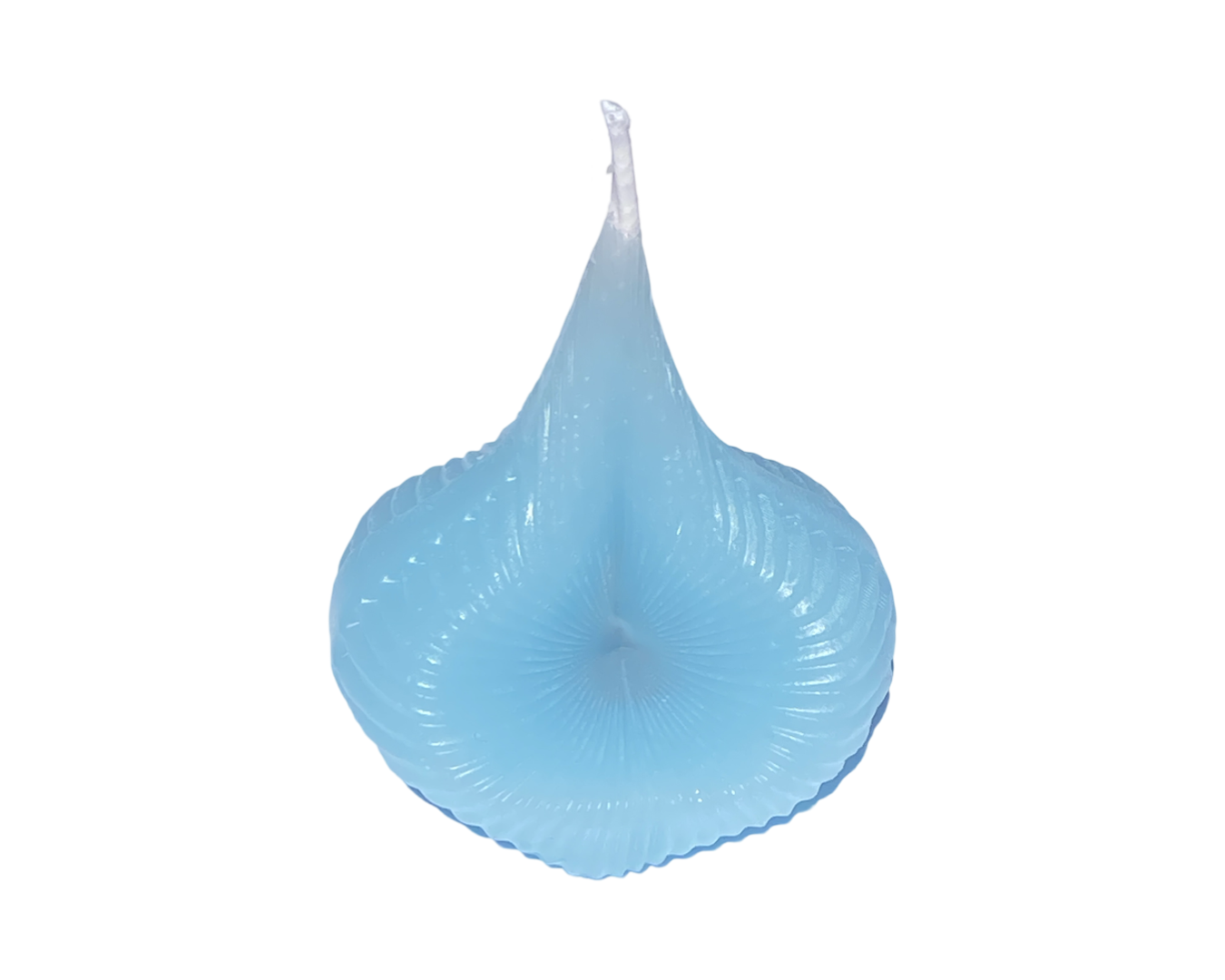 The Blue Destiny Decision Candle is teardrop and spiral shaped.  The  candle has flowing spiral lines and it has two wicks.  The Blue Destiny Decision Candle is on a white background.