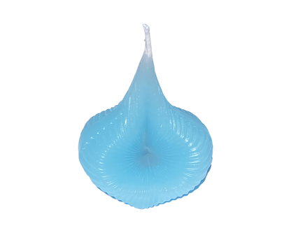 The Blue Destiny Decision Candle is teardrop and spiral shaped.  The  candle has flowing spiral lines and it has two wicks.  The Blue Destiny Decision Candle is on a white background.